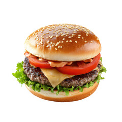 Delicious beef burger with cheese, lettuce, tomato, and sesame seed bun on a clean transparent background, Beef burger isolated on transparent background