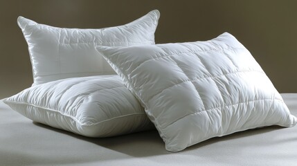 Soft, fluffy white pillows arranged on a neutral background, creating a cozy and inviting atmosphere
