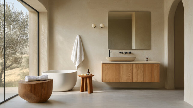 Modern bathroom with minimalist design, featuring freestanding tub, wooden vanity, and natural light. serene atmosphere invites relaxation and tranquility