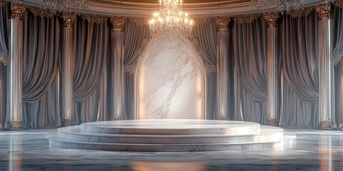 3D marble podium. Elegant ballroom 3D background with ornate chandeliers, polished floors, and velvet drapes. Luxury theme for perfume presentation.