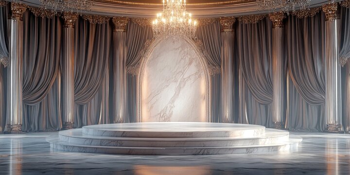 3D marble podium. Elegant ballroom 3D background with ornate chandeliers, polished floors, and velvet drapes. Luxury theme for perfume presentation.