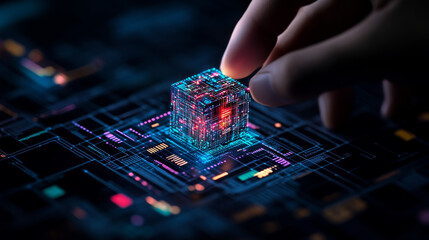 hand manipulating glowing cube on digital circuit board, symbolizing technology and innovation. vibrant colors and intricate patterns evoke sense of advanced computing