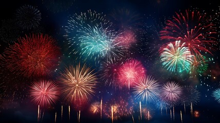 Naklejka premium Symphony of Lights: A breathtaking spectacle of colorful fireworks illuminating the night sky, their dazzling bursts creating a symphony of light and sound.