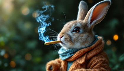 Stylish Rabbit Smoking a Cigarette: A Moody, Whimsical Portrait