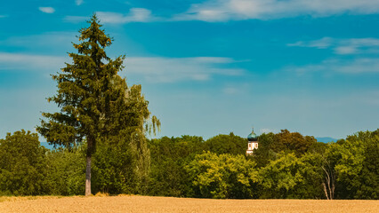 Summer view with a church near Oberframmering, Landau an der Isar, Dingolfing-Landau, Bavaria,...