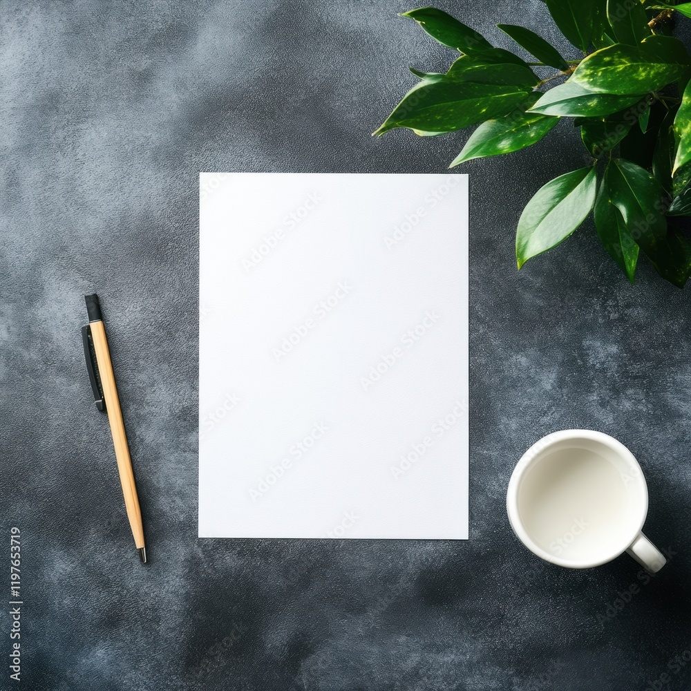 Poster space for creative ideas with blank sheet and coffee set on textured surface in a calm workspace env