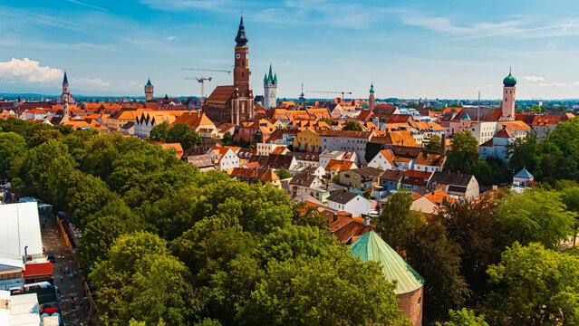 Summer view seen from a ferris wheel at Gaeubodenfest fair Straubing, Danube, Bavaria, Germany