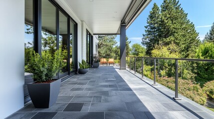 Modern front porch with sleek glass railings, gray stone flooring, and potted plants, minimalist design generative ai
