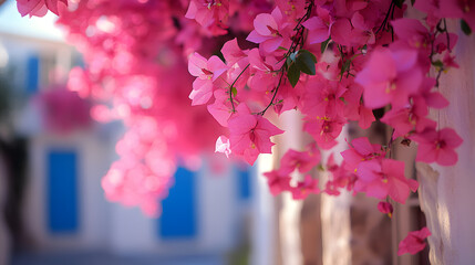 A photo of the vibrant bougainvillea flowers draping over whitewashed buildings in Paros, with narrow cobblestone streets below, during a sunny day