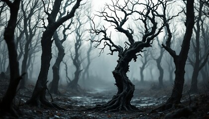 Fototapeta premium Twisted, Ancient Tree in a Misty, Eerie Forest