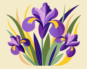 Elegant Purple Iris Illustration with Yellow Accents in Modern Botanical Design