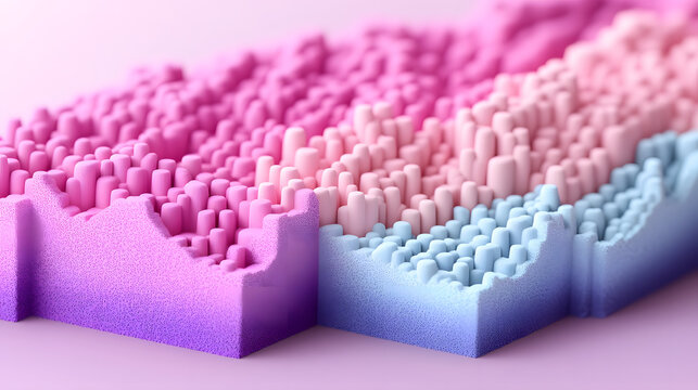 Stacked, glowing 3D blocks resembling a futuristic cityscape, with intricate patterns and neon accents enhancing the sense of depth and dimension 