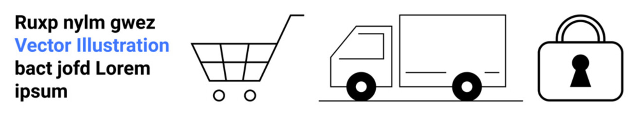 Shopping cart, delivery truck, and lock icon representing e-commerce and logistics process. Ideal for online shopping, delivery services, security, logistics, ecommerce platforms, digital