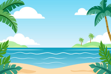 Tropical beach with palm trees and exotic plants. Beach landscape for design. Paradise Beach. Vector illustration of a tropical holiday.