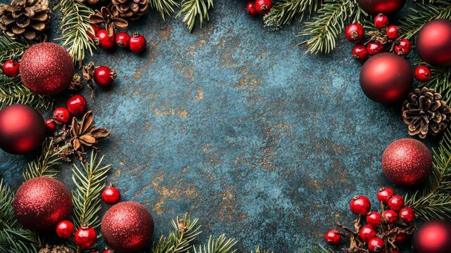 Bright red ornaments and festive greenery create a holiday border on a textured blue surface for seasonal celebration