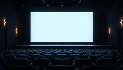 Obraz premium A serene, modern cinema hall with plush seats and a large white screen, exuding sophistication.