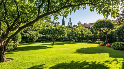 Naklejka premium tree with light green leaves in a garden Peach leaves 