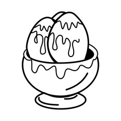 Caramel eggs dessert icon in sketchy style