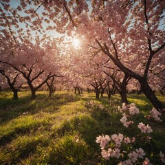 Fototapeta premium Sunlit field of pink cherry blossoms.