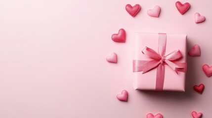 A charming pink gift adorned with a delicate bow, surrounded by whimsical hearts, radiating love and joy for Valentine's Day.