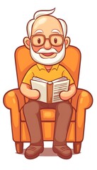 Obraz premium Elderly Gentleman Reading Book in Orange Armchair