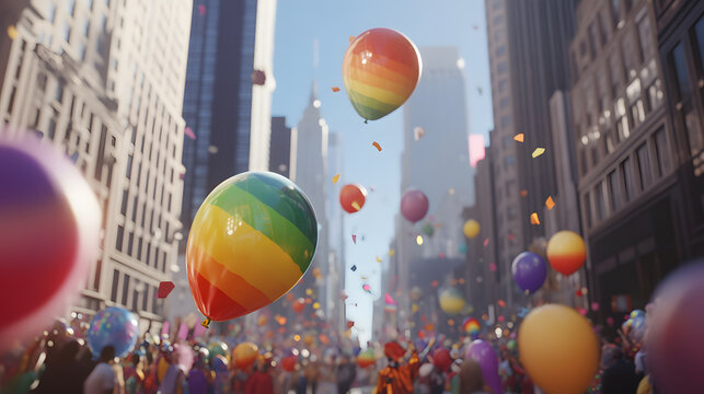 Rainbow balloons float above a vibrant Pride parade in a bustling city. Confetti rains down as spectators cheer, creating a joyous atmosphere of celebration and unity.