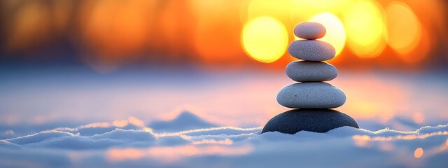 Obraz premium Balanced Stone Tower in Zen Aesthetic with Light-Filled Background, Tranquility, Mindfulness, Nature, Harmony, Meditation