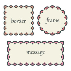 Decorative geometric frame set. Square, circle, rectangle shapes background. Pink tones colour palette, black line contour, white text space, modern graphic, vintage style. Cute vector illustration