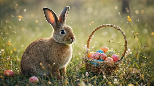 Curious rabbit beside colorful basket of easter eggs in sunlit meadow