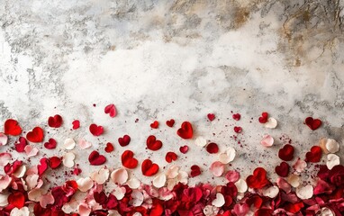 A romantic cascade of red and white rose petals adorns a soft gray surface, creating a dreamy setting perfect for Valentine's Day celebrations.