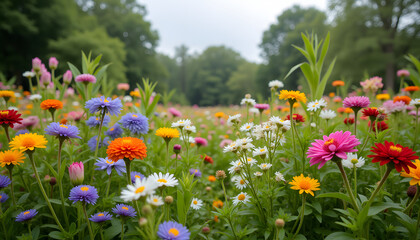 Showcase diverse blooming flowers in a dense outdoor garden under soft, diffused light