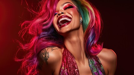 Obraz premium Happy drag queen with colorful hair and bold lipstick, laughing on a deep red backdrop.