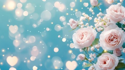 A stunning display of pink roses fills a delicate vase, while charming hearts float gently in the soft background, embodying the spirit of love and romance.