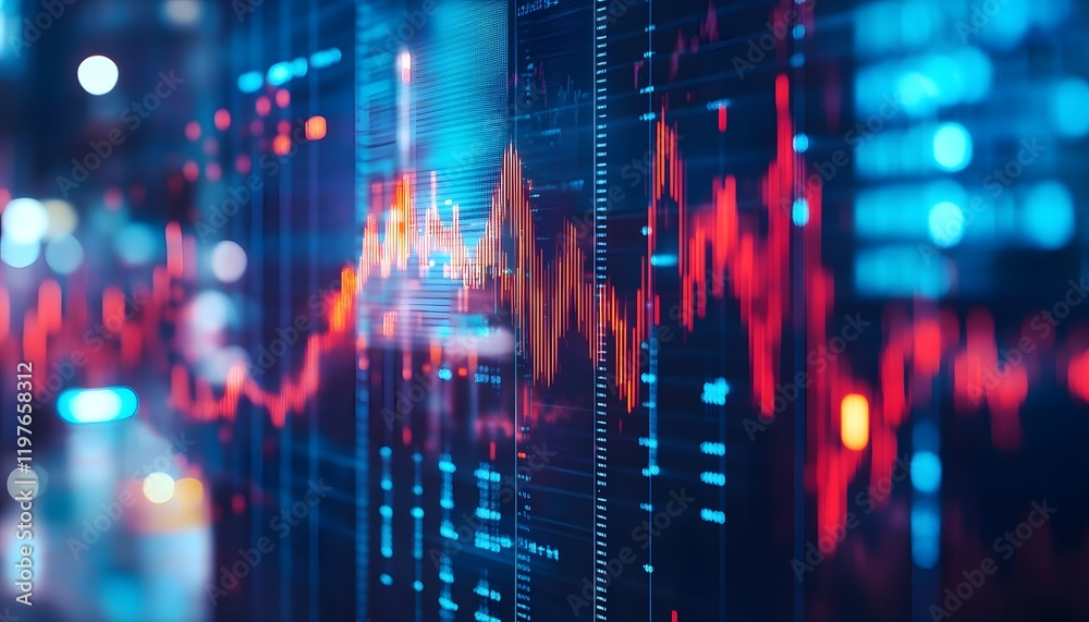 Aufkleber Abstract visualization of financial data with glowing red and blue lines representing market trends and stock performance in a modern digital interface setting