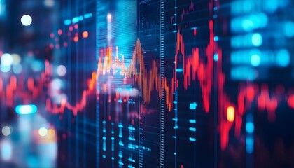 Abstract visualization of financial data with glowing red and blue lines representing market trends and stock performance in a modern digital interface setting