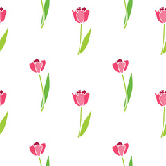 Obraz premium Vector seamless pattern with red tulip flowers. Cute bright texture, backdrop for wrapping paper, textile. Topic of spring, blooming nature, holidays design