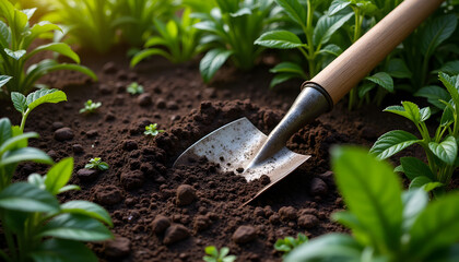 Composition techniques: Use macro shots to highlight the details of the garden spade against soil and plants