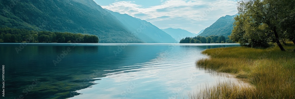 Poster serene lake with tranquil water reflections and gentle hills in the background at midday. generative