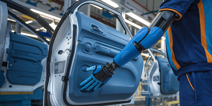 Robotic Assembly in Modern Car Manufacturing Plant.  Close-up view of an automated robotic arm with a blue gripper working on a car door assembly line. 