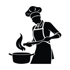 A silhouette of a chef cooking, with utensils and ingredients, captured in a vector design. The figure is dark against a simple background, highlighting culinary action.