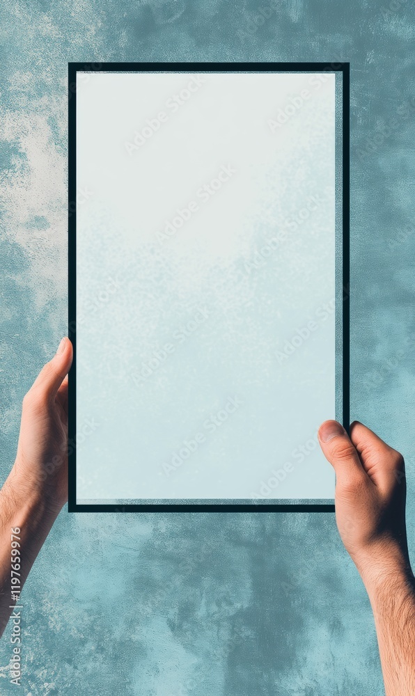 Poster hands holding an empty frame on a textured blue background suitable for text placement and mock up u