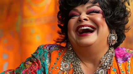 Fototapeta premium Portrait of a cheerful drag queen with extravagant jewelry, laughing on an orange stage-like background.