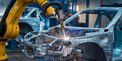 Robotic Welding of Car Body in Automotive Factory. A close-up shot of an orange robotic arm precisely welding the body of a car during the manufacturing process.