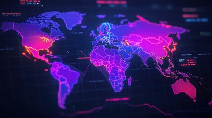 Obraz premium Glowing World Map Overlay with Neon Colors Showing Detailed Geographic Information and Data Points for Modern Digital Usage