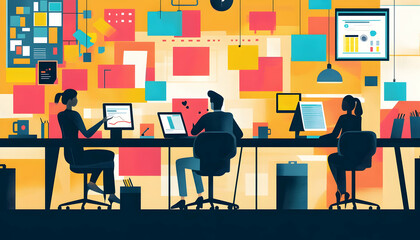 Creative professionals brainstorming in a tech-savvy office with vibrant post-its and modern gadgets -