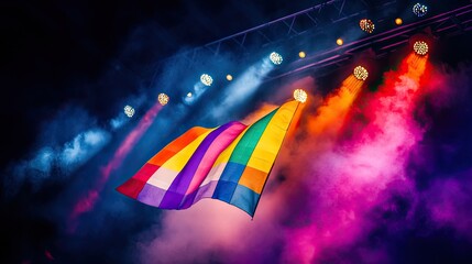 Rainbow LGBTQIA flag flying high over a World Pride 2023 stage, celebrating love and equality.