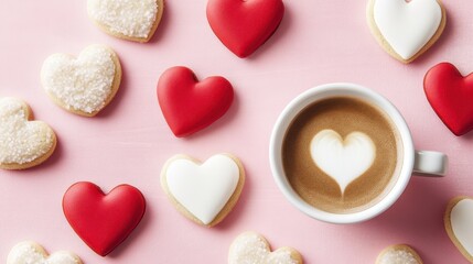 Obraz premium A cozy cup of coffee adorned with a delicate heart pattern, radiating warmth and love, perfect for a romantic Valentine's Day moment.