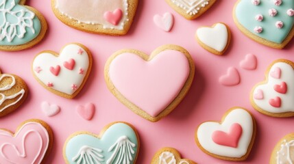 Sweetly adorned cookies rest on a soft pink backdrop, each crafted with love, perfect for celebrating the joys of Valentine's Day.