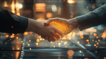 The image captures a handshake between two individuals accentuated by the array of glass samples on the table suggesting a local sourcing agreement in the glass manufacturing industry.