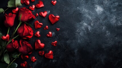 A striking contrast of vibrant red roses and playful hearts dances against a sleek black background, embodying the essence of love and passion this Valentine's Day.
